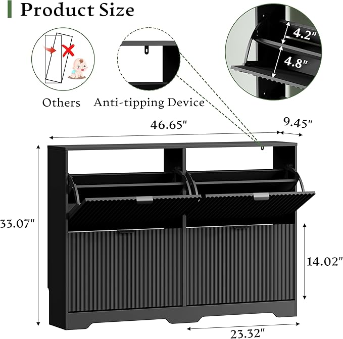 Xixini Shoe Storage Cabinet for Entryway with 4 Flip Drawers, Hidden Slim Wood Shoe Organizer with Modern Fluted Panel, Freestanding Narrow Shoe Rack for Front Door Entrance, Hallway, Foyer, Black