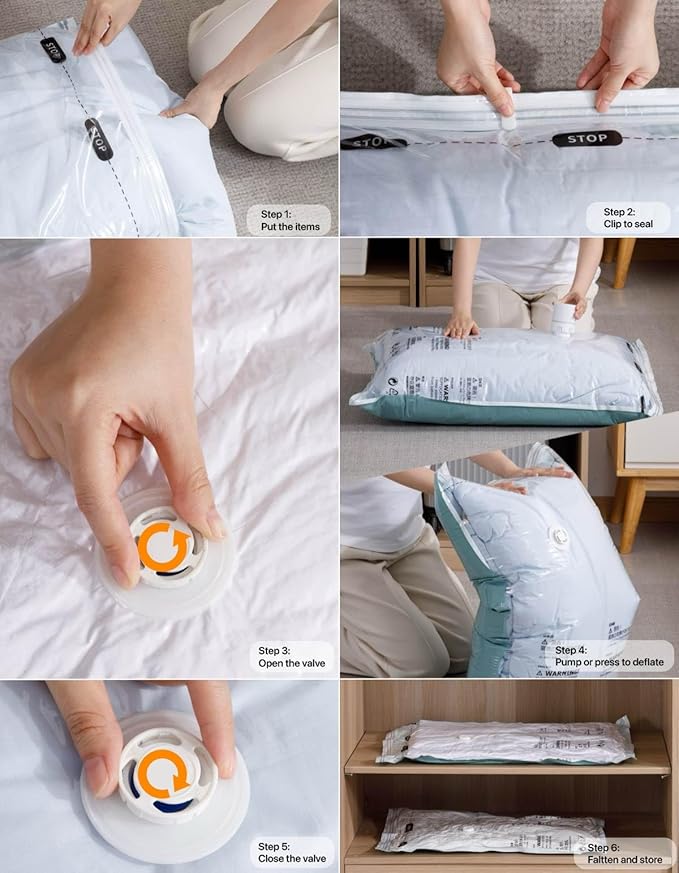 Vacuum Storage Bags for Clothing - NeatNest 6 Pack Flat Space Saver Bags, 3 Small+3 Medium, for Clothes, Towels, Sweaters, Dual Compression (Vacuum or Hand Press), Airtight and Reusable