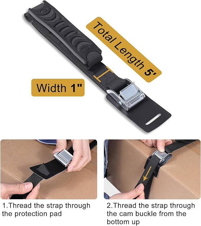 5' Carrying Strap with Handle, Adjustable Heavy Duty Cam Buckle Tie Down Straps for Safely Moving and Lifting Heavy Boxes, Camping Chairs and Mat (Black, 2pcs)