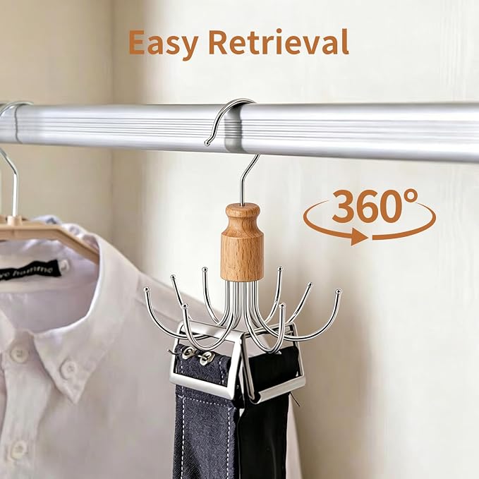 360° Rotatable Belt Rack & Closet Organizer - Holds Up to 24 Belts, Ties, Scarves | Space-Saving Hanging Holder for Bras, Tanks, Purses | Silver (1)