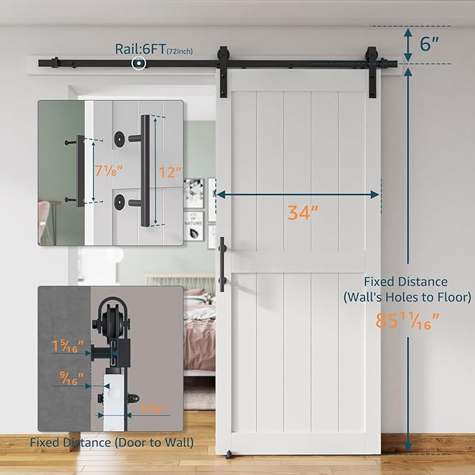 34''x84'' Sliding Barn Door with 6 Ft Barn Door Hardware Kit | Pre-Drilled Holes Easy Assembly - Include Installation Manual, Water-Proof PVC Surface, H-Frame, White