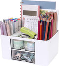 Meiikun Plastic Pen Organizer, Multifunctional Desk Organizer with 2 Drawers, 4 Compartments & a Top Tray, Pencil Holder Desktop Organizers and Accessories for Office, 7.7" x 5.5" x 3.9" (White)