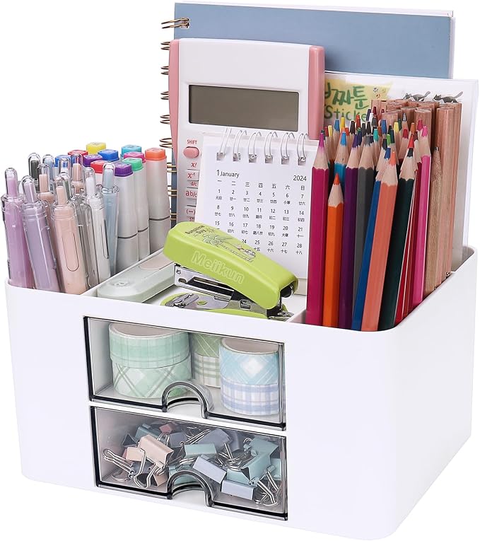 Meiikun Plastic Pen Organizer, Multifunctional Desk Organizer with 2 Drawers, 4 Compartments & a Top Tray, Pencil Holder Desktop Organizers and Accessories for Office, 7.7" x 5.5" x 3.9" (White)