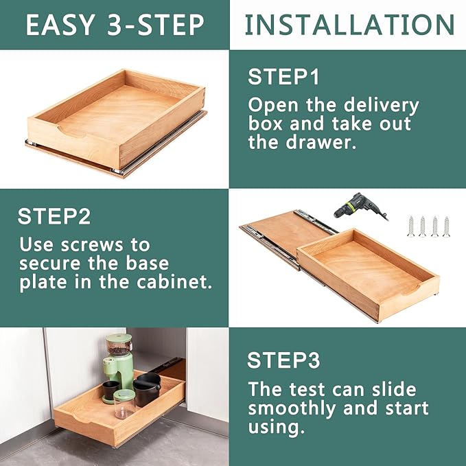 Pull Out Drawers for Kitchen Cabinets, Pull Out Cabinet Organizer, Fully Assembled Wood Cabinet Pull Out Drawer, Fast and Easy DIY Installation, 14”W x 21”D