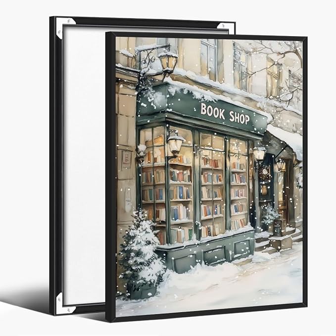 Winter Book Shop New York Book Lover Art Aesthetic Poster Canvas Wall Art Decoration Living Room Home Decor Bedroom Decoration Poster black framed8x12inch