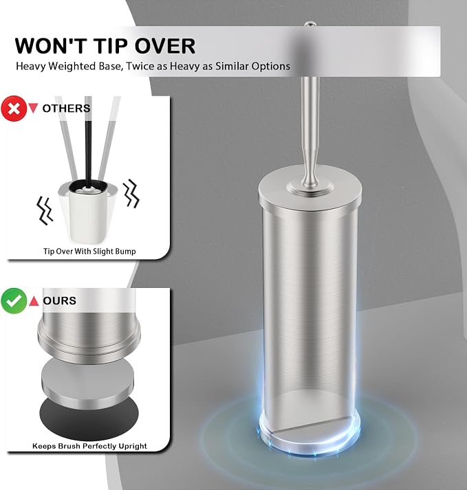 Stainless Steel Toilet Brush and Holder Set : Weighted Stable Base, Removable Inner Tube.Long Handle Toilet Bowl Brush Splash-Proof Design for Deep Cleaning & Space-Saving Storage,Nickel
