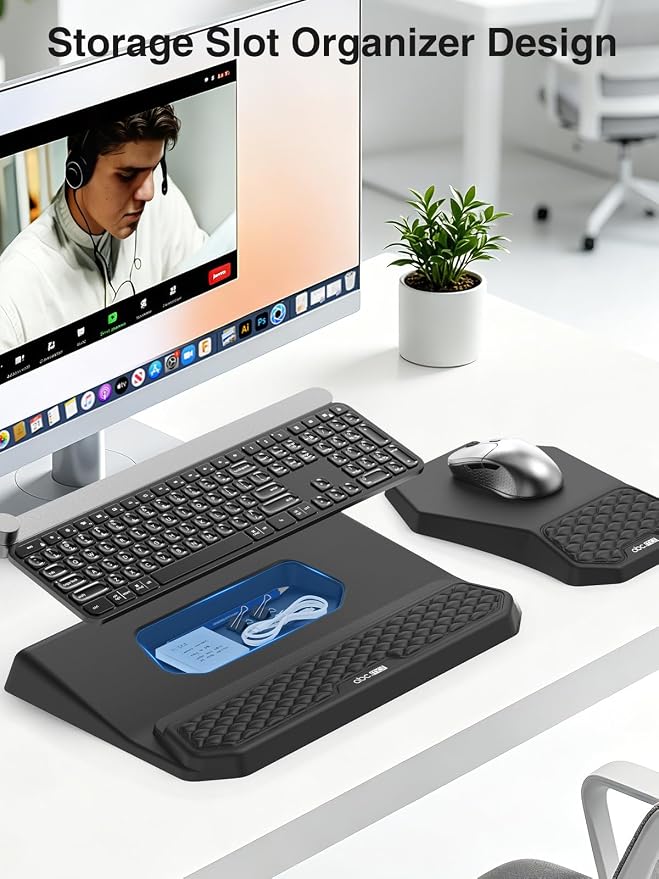 Ergonomic Wrist Rest with Keyboard Stand and Mouse Pad for Easy Typing | Keyboard Holder with Storage Slot, Mousepad for Carpal Tunnel Pain Relief with Massage Bulge and Slow Rebound Memory Foam