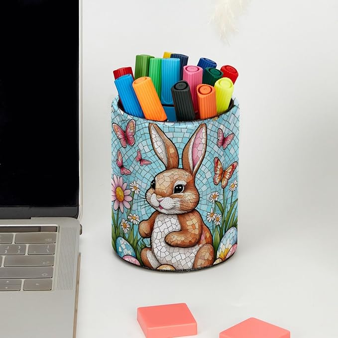 Modern Easter Eggs and Rabbit Pen Holder Pencil Organizer for Desk, 3.1” x 3.1” x 3.9” Pencil Cup Office Supplies, Large Capacity Cute Pen and Makeup Brush Holder for Home, School, Desktop