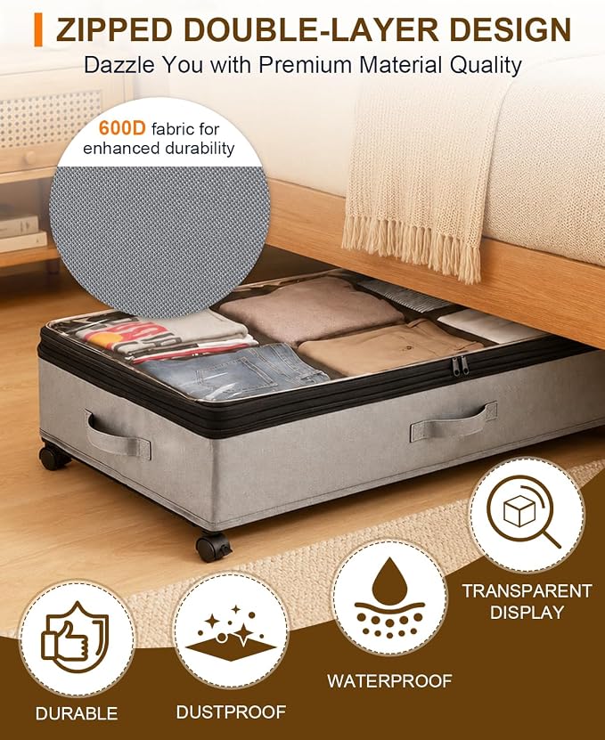 Under Bed Storage w/Wheels,70L Under Bed Containers,2 Pack-Grey | 11.5 Inch Under Bed Storage Containers,70L Large Adjustable Underbed w/ Lids,Rolling Underbed Storage Bins for Shoes,Clothes