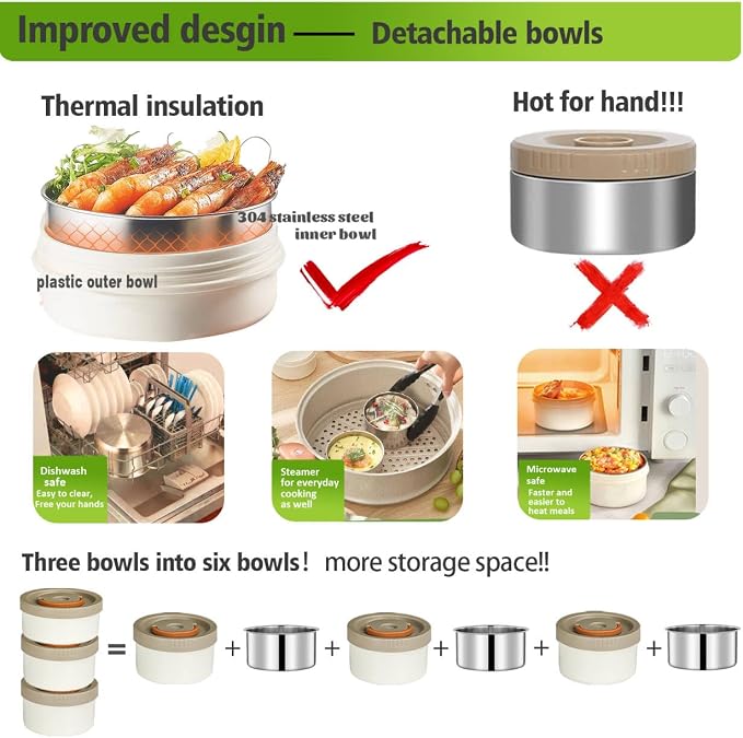 67oz/2L Thermo for Hot Food, 304 Stainless Steel Vacuum Insulated Soup Thermo, Leak-Proof Thermal Lunch Box with 3 Stackable Bento Boxes for Adults Office Travel Camping, Large thermo for hot food