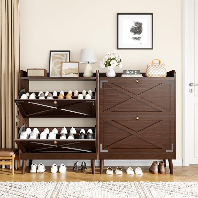 Shoe Storage Cabinet with 2 Flip Drawers & Adjustable Shelves, Freestanding Shoe Cabinet with Side Hooks Narrow Shoe Rack Cabinet for Entryway, Hallway, Rustic Brown