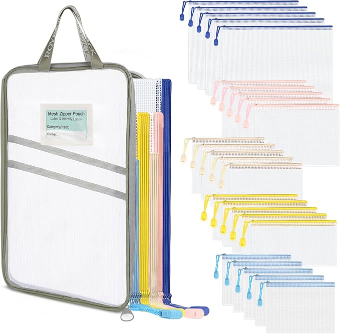 25 Pack PVC Mesh Zipper Pouches with 1 Organizer Bag, 5 Sizes A4 A5 A6 Bill B6, Translucent File Bags for Classroom Puzzle Board Game Craft School Office Storage (26pcs)