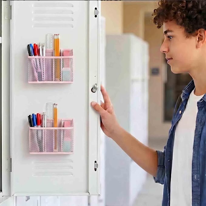 Neudeoc Locker Organizer Kit with Mesh Locker Shelf and Magnetic Pen Holders, 4-Piece Locker Accessories Set for School, Work & Gym, Foldable Stackable Metal Shelf, Fits Standard Lockers, Pink