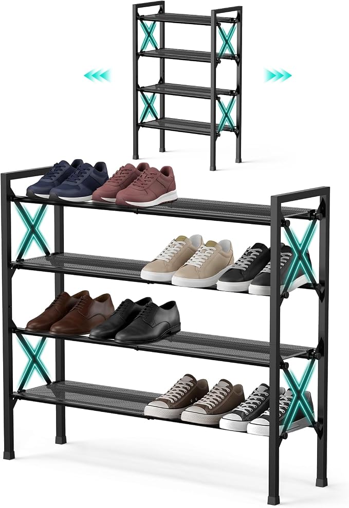 YEASHEIN 4-Tier Expandable Shoe Rack Organizer with Wire Mesh Shelf - Black | Sturdy Metal Shoe Shelf with 5-Tier Storage, Adjustable Shoe Stand, Free Standing Shoe Rack for Closet, Entryway, Garage
