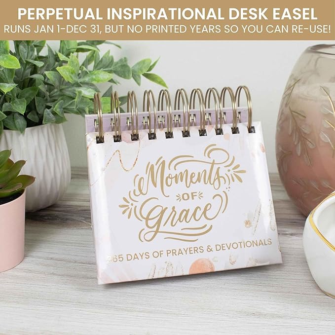 bloom daily planners x Writefully His Undated Perpetual Desk Easel - Christian Inspirational Standing Desktop Flip Calendar - Page a Day - (5.25" x 5.5") - Moments of Grace