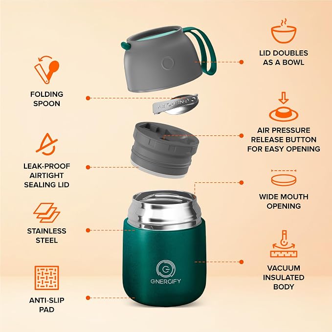 Vacuum Insulated Food Jar. Large 17oz Bowl incl. Folding Spoon, Cup. Wide Mouth Keep Hot & Cold Drinks Soup Lunch Container for Adults. BPA-Free Stainless Steel, Proof Brilliant Green