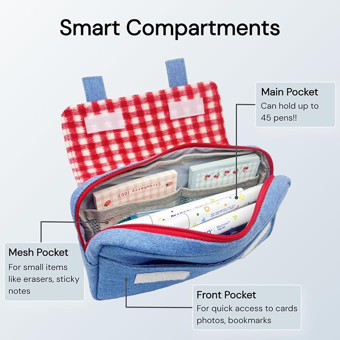 Cute Checkered Pencil Case, Red White Plaid with Denim Patchwork, Large Capacity Gingham Pattern Pen Bag with Handle, Big Stationery Organizer, Multi-Use Storage Pouch, 8.7x1.6x4.7 Inches, Blue