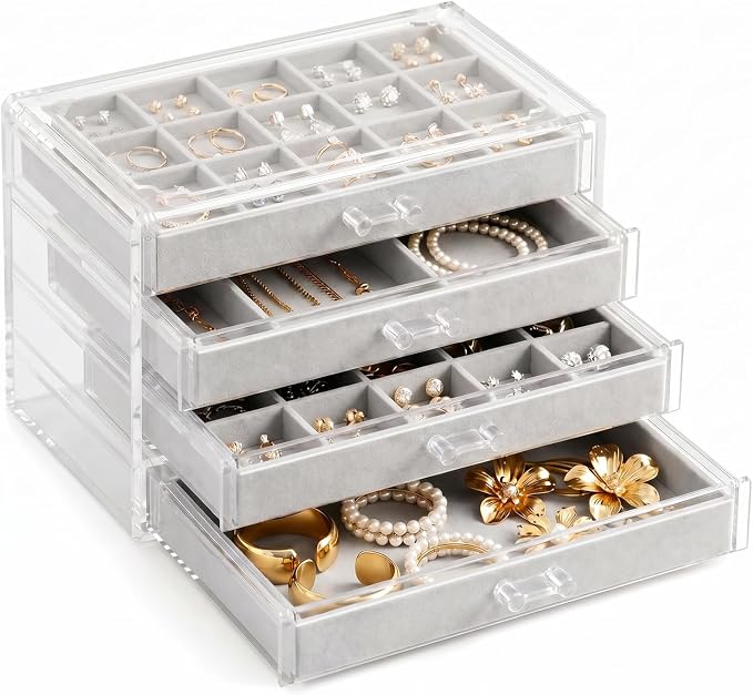 Clear Jewelry Organizer Earring Holder Organizer, Jewelry Box with 4 Drawers Clear Acrylic Stackable Earring Case with Adjustable Velvet Trays for Women and Girls, Grey