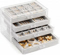 Clear Jewelry Organizer Earring Holder Organizer, Jewelry Box with 4 Drawers Clear Acrylic Stackable Earring Case with Adjustable Velvet Trays for Women and Girls, Grey