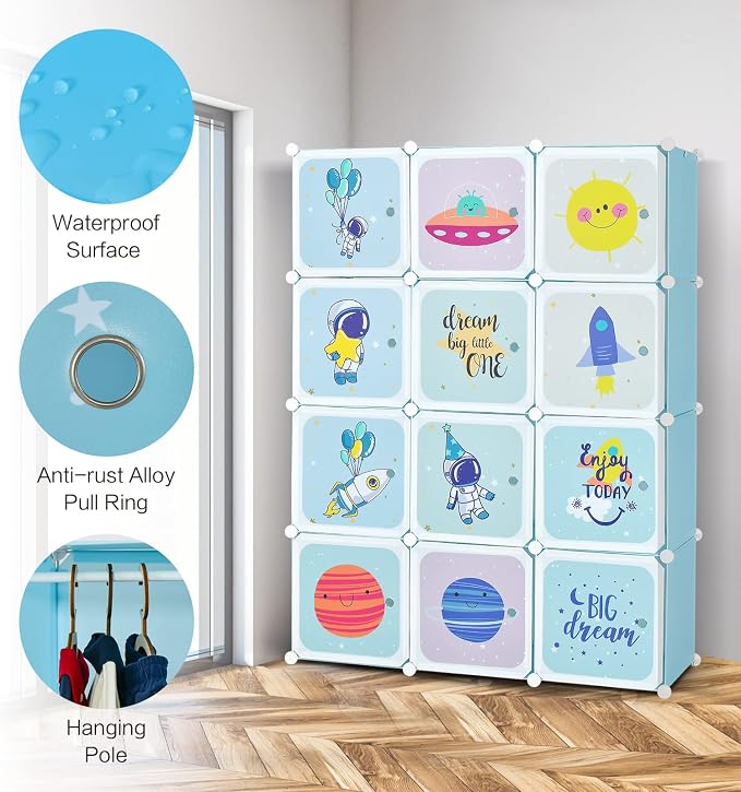 INFANS Children Wardrobe, Kid Closet Portable Baby Dresser Cute for Kids Bedroom Nursery Armoire with Doors 12 Cube 2 Hanging Sections, Kid Clothes Storage Organizer (Blue, 12 Cubes)