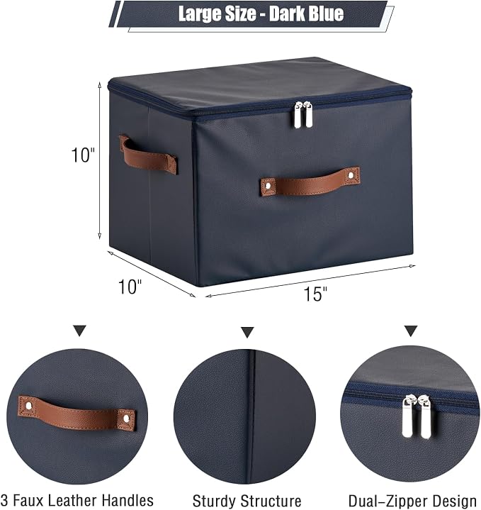 2PCS Storage Bins with Zipper Lid PU leather Storage Boxes Leather Fabric Collapsible Lidded Baskets Cube with Handle Decorative Shelves Closet Organizer Container(Dark Blue, Large Size)