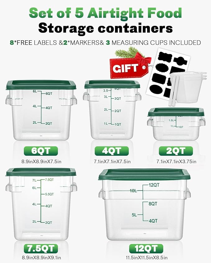 4QT NSF Food Storage Containers: 2 PCS [Food Grade][Hot&Cold Resistant] Commercial Clear Square Food Storage Containers with Scales Handles for Home Restaurant Kitchen Proof Dough(BPA FREE-GREEN)