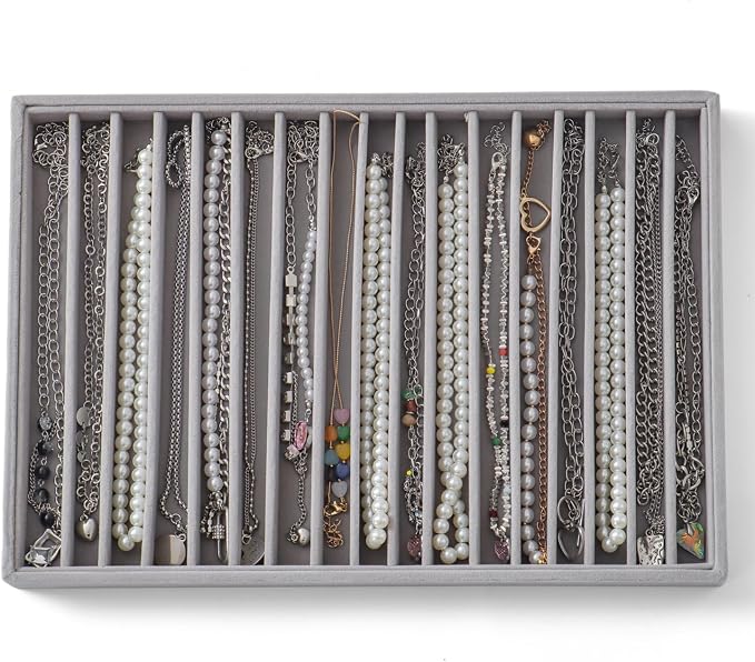 Large Jewelry Organizer for Drawer Insert Velvet Stackable Jewelry Trays for Earring Necklace Bracelet Ring Display (Gray, 16 Grids)