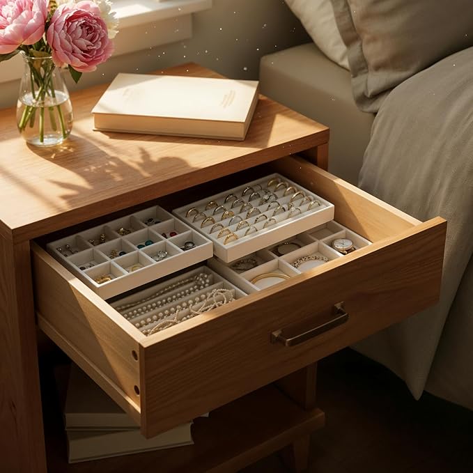 9 Set Velvet Jewelry Drawer Organizer Inserts, Stackable Jewelry Organizer Trays with Removable Dividers, Jewelrys Storage Display Tray, for Earring Ring Necklace Watch Bracelet, Beige