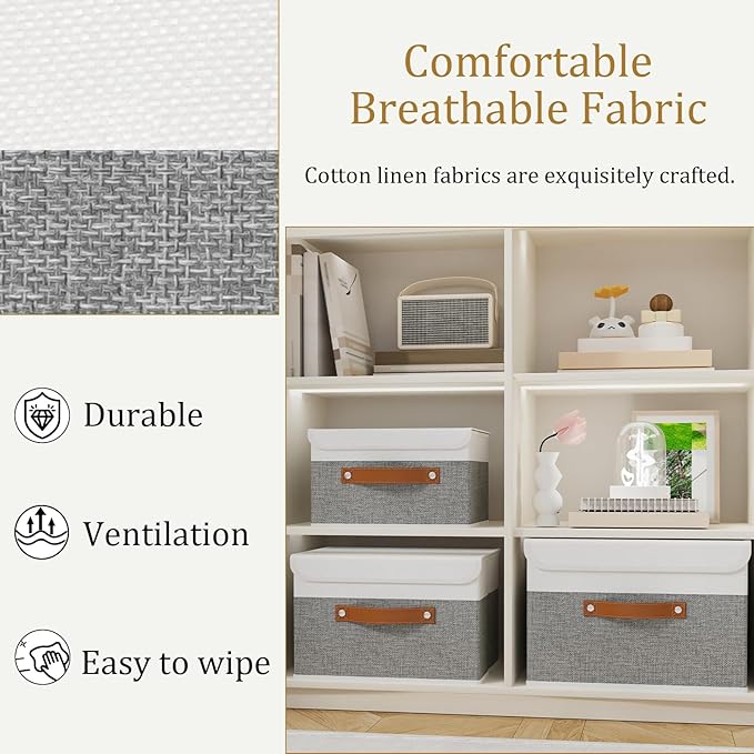 OUTBROS Large Cube Storage unit Boxes, Collapsible Bin with Lid, Linen Fabric Wardrobe Organiser, Baskets For Towels, Clothes, 17.7 x 11.8 x 11.8 inch (White/Grey, 3-Pack)