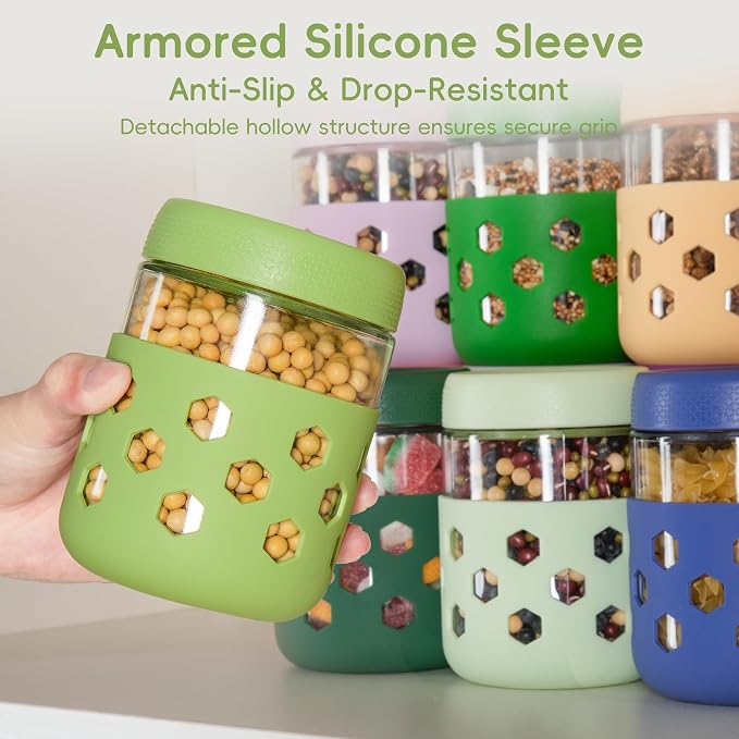 Gemice 6-Pack 16 oz Overnight Oats Containers with Lids and Silicone Sleeves, Glass Mason Jars with Airtight Lid, Dishwasher Safe, Wide Mouth Chia Seed Pudding Meal Prep Jar for Yogurt Berries Snack