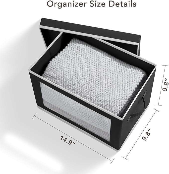 Homsorout Storage Boxes with Lids - 5 Pack Foldable Clear Window Storage Bins, Large Decorative Storage Bins with Handles, Storage Containers for Clothes, Towel, Blanket, Sheet, Black