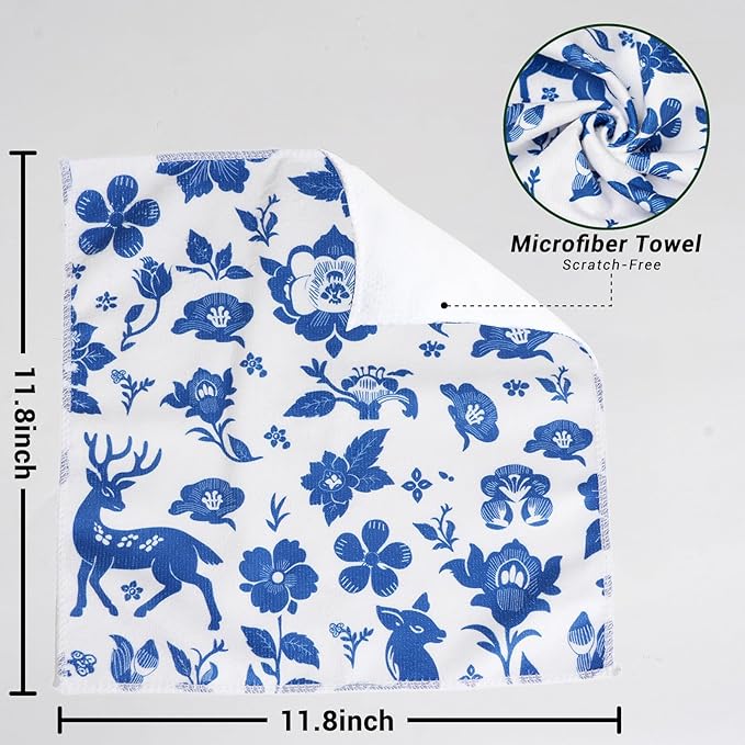 YUA Microfiber Cleaning Cloth 12 Pack,Microfiber Towels Cleaning,Microfiber Towels for Cars,Absorbent Dish Washing Cloth,Reusable Cleaning Cloths Lint Free (Blue Floral Deer)