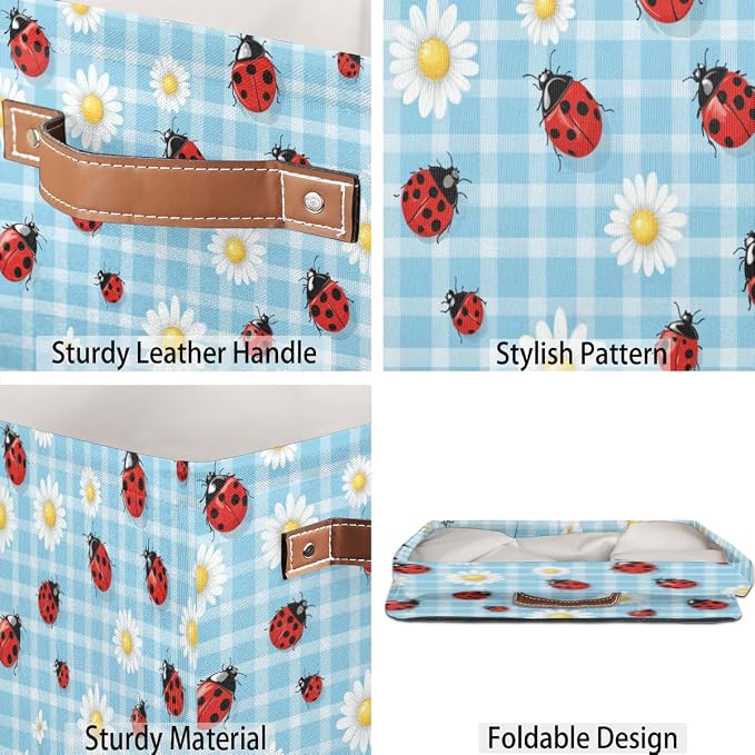 TropicalLife Floral Daisy Ladybugs Storage Cube, 13 Inch Fabric Cube Storage Organizer Bin for Shelves Clothes, Decorative Foldable Storage Boxes