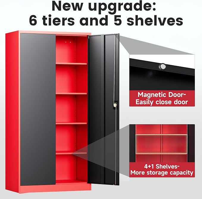 Letaya Metal Storage Cabinets with Lock, 72" Tall Locker Organizer Steel Cabinets, Adjustable Layers Shelves 2 Doors for Home, Office, Warehouse,Garage(Black Red)