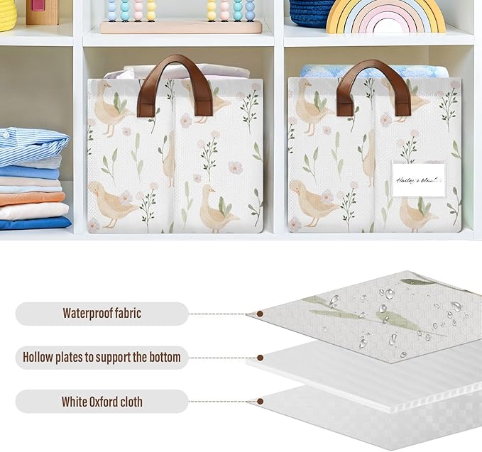 Cute Goose with Floral and Leaves Storage Basket Foldable Cube Storage Bins with Handles&Label Collapsible Organizer Box Bin Large Rectangle Decorative Baskets for Shelves Home Living Room Closet-2 PC