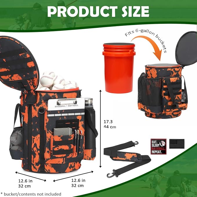 Baseball Bucket Bag, Softball Coaches Bags Fit 6 Gallon Buket | Baseball Coaching Accessories Organizer with Anti-Slip Bottom & Multiple Pockets for Bat, Gloves, Scoreboards