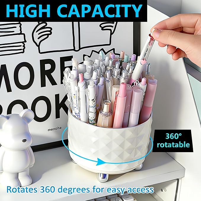 GOTOBA 360° Rotating Pencil Holder for Desk, Makeup Brush Holder with 6 Slots, Desk Organizer for Writing Utensil, Office and School Supplies (Milky White)