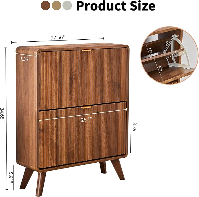 RARZOE Set of 2 Fluted Shoe Storage Cabinets for Entryway, Walnut | Narrow Curved Shoe Storage Cabinet with 2 Flip Drawers, Slim Shoe Rack Organizer for Foyer, Hallway, Fits Size 11 Shoes