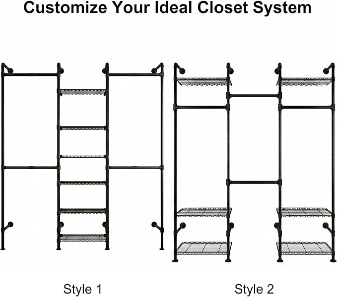 F3 Wall Mounted Closet System, Industrial Pipe Clothing Rack for Hanging Clothes, Heavy Duty Closet Organizer System, Clothes Racks with Shelves & Expandable Rod for Wardrobe, Corner, Black