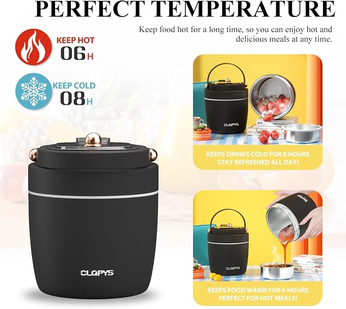 40oz Stainless Steel Vacuum Insulated Food Jar for Adults Wide Mouth Lunch Container with Spoon Fork and Carrying Bag Leak-Proof Soup Thermo Bento Box for Hot Food and Cold Food | Office, Travel Black