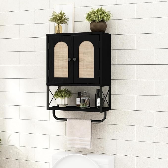RUSTOWN Rattan Bathroom Wall Cabinet, Boho Over The Toilet Storage Cabinet | Arched Rattan Doors, Modern Medicine Cabinet, Adjustable Shelves, Towel Bar, Black