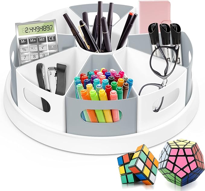 MeCids 360 Rotating Storage Organizer Desk Organizers Pen Holder– 12” Lazy Susan Style Caddy with Removable Bins, for Home Office Supplies, Art Supplies, Make-up & Kitchen Use, with Card & Gift Box | Lazy Susan Style Pencil Holder Back to School suppli...