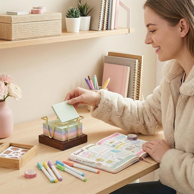 Wood Sticky Note Holder, 3 x 3 inch Self-Stick Note Memo Pad Holder for Desk, Notepad Dispenser for School Office, Gold