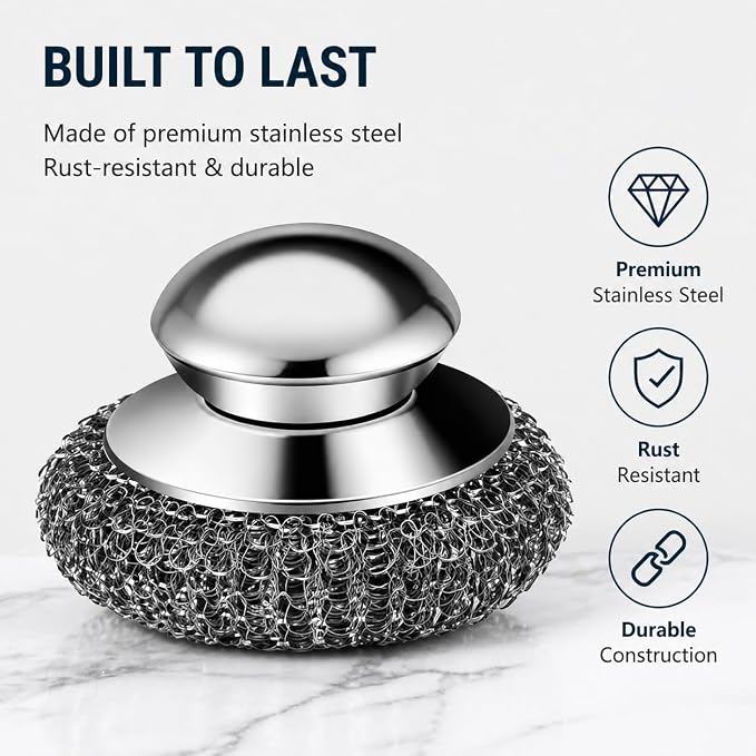 Steel Wool Scrubber, 6-Pack Stainless Steel Scrubber Pads with Handle - The Ultimate Scouring Solution for Rust, Stubborn Messes on Cookware, Grill, Oven & Kitchen Sinks