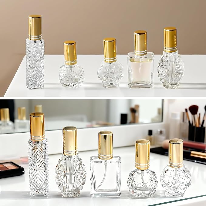 5 Pcs Vintage Glass Empty Perfume Bottles Refillable with Spray | Vintage Empty Perfume Bottles with Fine Mist Spray Refillable Set of 5 for Travel Vanity Home Office Wedding Party Decor