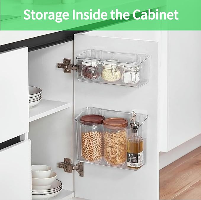 vacane 2 Pack Plastic Adhesive Mount Over Cabinet Door Organizer, Wall Organization Container Makeup Organizer Hanging Basket Bins for Kitchen, Pantry, Craft Room, Office, Space Saving Holder