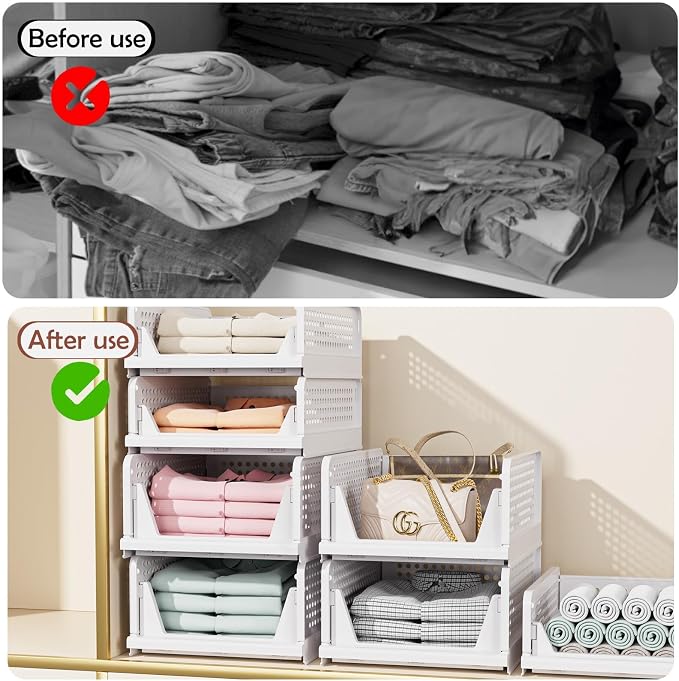 CTSNSLH 8 Pack Closet Organizers Stackable Storage Box | White stackable plastic drawer bins for closets, wardrobes, kitchens, bathrooms, offices