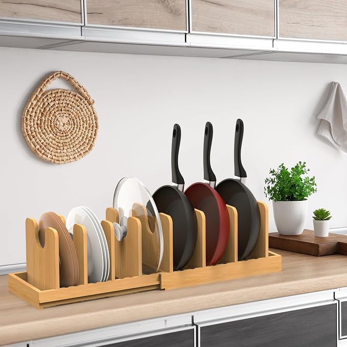 Pots and Pans Organizer under Cabinet,Pot and Pan Organizer,Lid Organizer | Expandable Bamboo Pan and Lid Organizer, 16" to 28" Adjustable Length and 10 Dividers