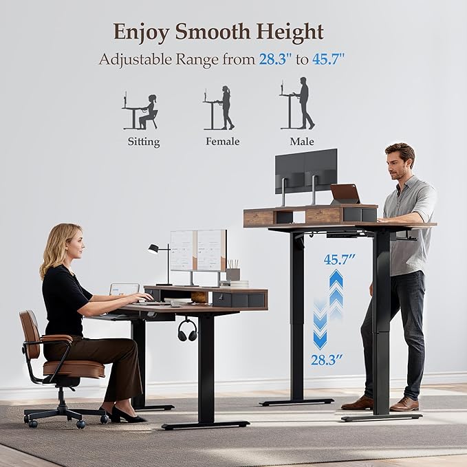 Klicelor 55 x 24 Inch Electric Standing Desk with Drawers and Keyboardtray, Adjustable Height Small Sit Stand Desk for Home Office, Compact Computer Workstation with Storage- Rustic Brown