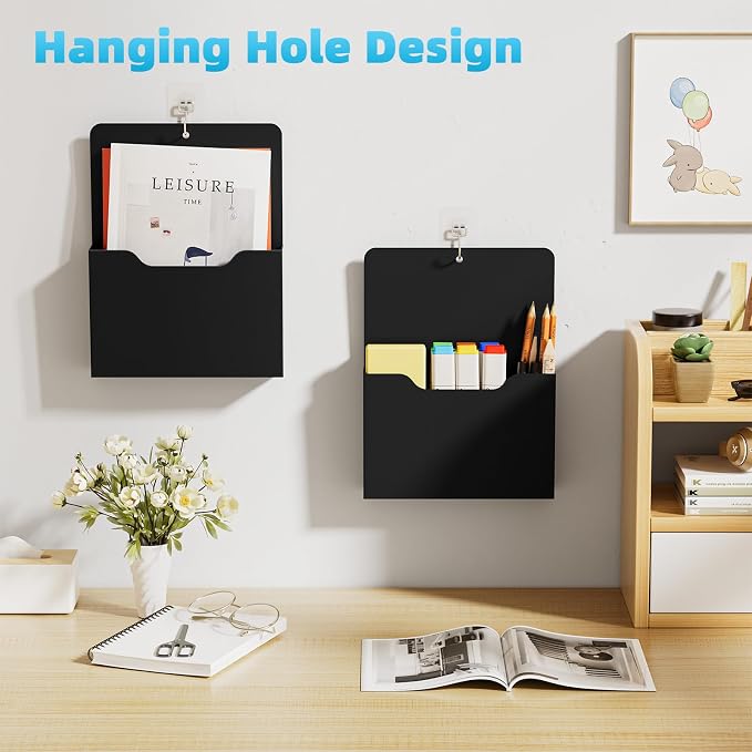 Magnetic File Holder - Magnetic Paper Holder, Pocket Organizer Office Supplies Storage Mail Organizer for Notebooks,Planners,Letter (Black)